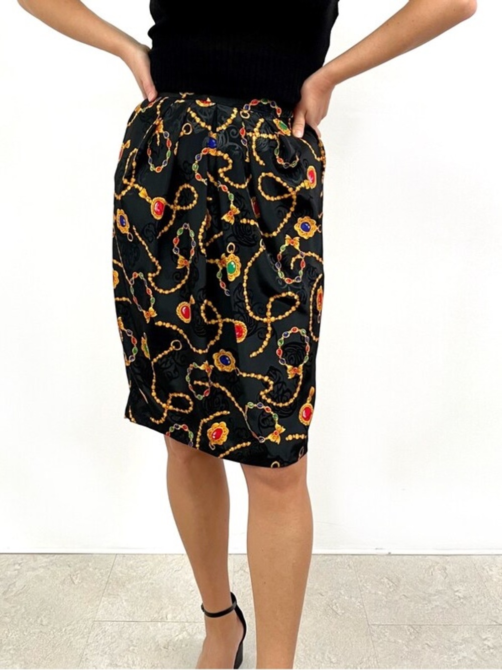 Vintage Black Satin Pencil Skirt with Multicolor Chain & Jewel Print